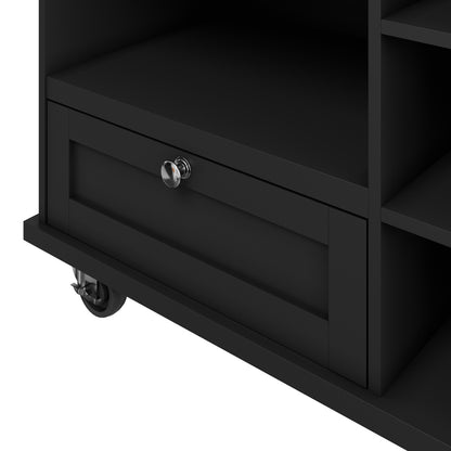 Esszimmerwagen (129 x 46 x 92 cm), moderner und einfacher schwarzer, beweglicher Küchen-Esswagen mit Schubladen und Lagerschränken, hellbraune Holzarbeitsplatte, geeignet für moderne Familien