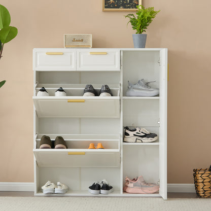 Moderne Schuhschrank, mit verstellbaren Regalen, goldenen Griffen, Schubladen, Klappschuhschrank und Türen,  weiß, B95/D24/H107.5
