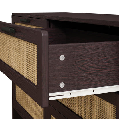 130CM Arc Shaped Corner Rattan Cabinet, 6-Drawers Rattan Storage Cabinet Rattan Drawer, for Living Room Bedroom,and Kitchen, Reddish-brown, Brown