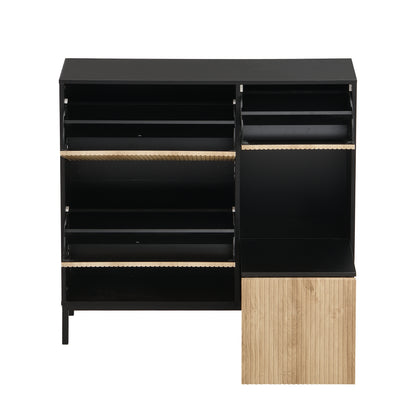Schuhschrank mit Schuhwechselhocker, dreifach klappbarem Schuhregal und offenem Stauraum, geeignet für Flure, Schwarz + Holzfarbe