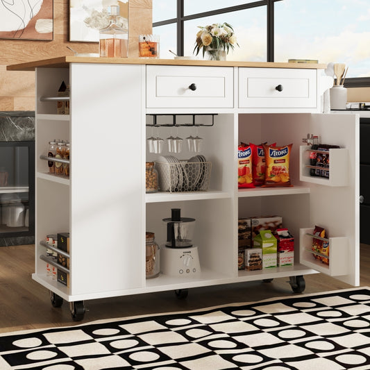 Kücheninsel mit herausnehmbaren Trennwänden, Küchenschrank, Esszimmerwagen mit Arbeitsplatte, Buffetschrank, Esszimmerwagen mit Holzmaserung, ausgestattet mit Snackhalter und Weinglasregal, weiß