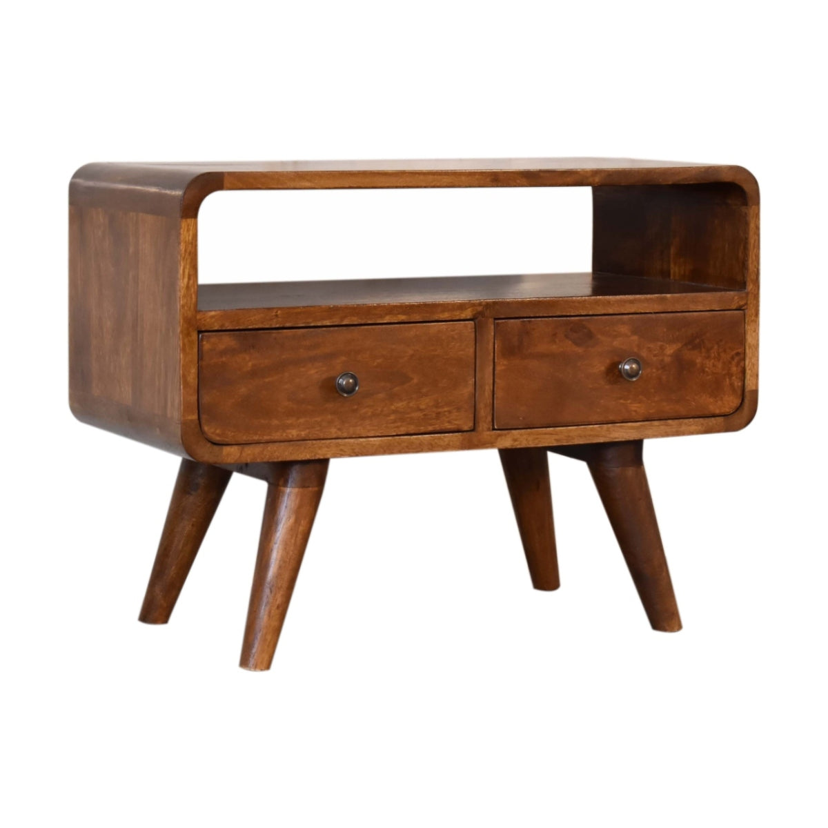 Mini TV-Lowboard aus massivem Mangoholz – Kastanienbraun, 2 Schubladen & offenes Fach, Handgefertigt, Nordic-Design, 60x30x45 cm