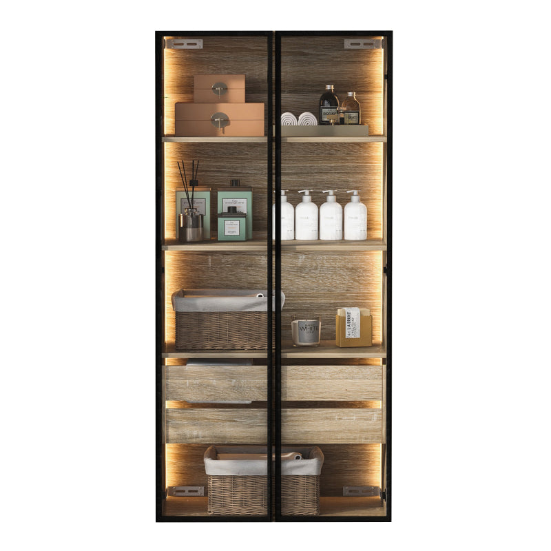Badezimmerschrank, mittel, mit Lichtleiste, 73 cm breit, mit 2 großen Schubladen und 2 Türen, Glastür