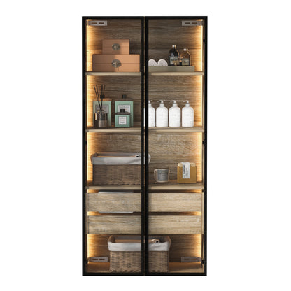 Badezimmerschrank, mittel, mit Lichtleiste, 73 cm breit, mit 2 großen Schubladen und 2 Türen, Glastür