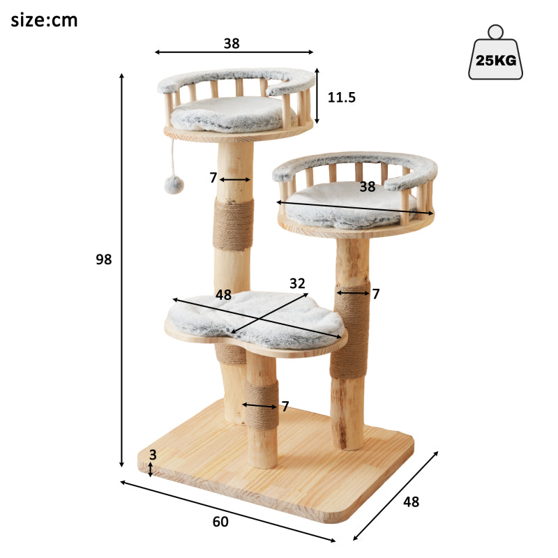 Designer Katzenklettergerüst aus Massivholz - 98 cm hoch, 3-stufiges Sprungbrett, abnehmbare Kissen und Spielbälle, Wolkenoptik-Imitation