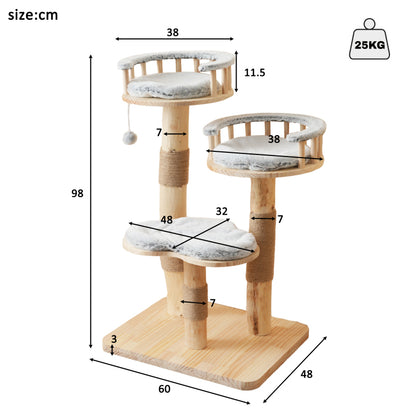 Designer Katzenklettergerüst aus Massivholz - 98 cm hoch, 3-stufiges Sprungbrett, abnehmbare Kissen und Spielbälle, Wolkenoptik-Imitation