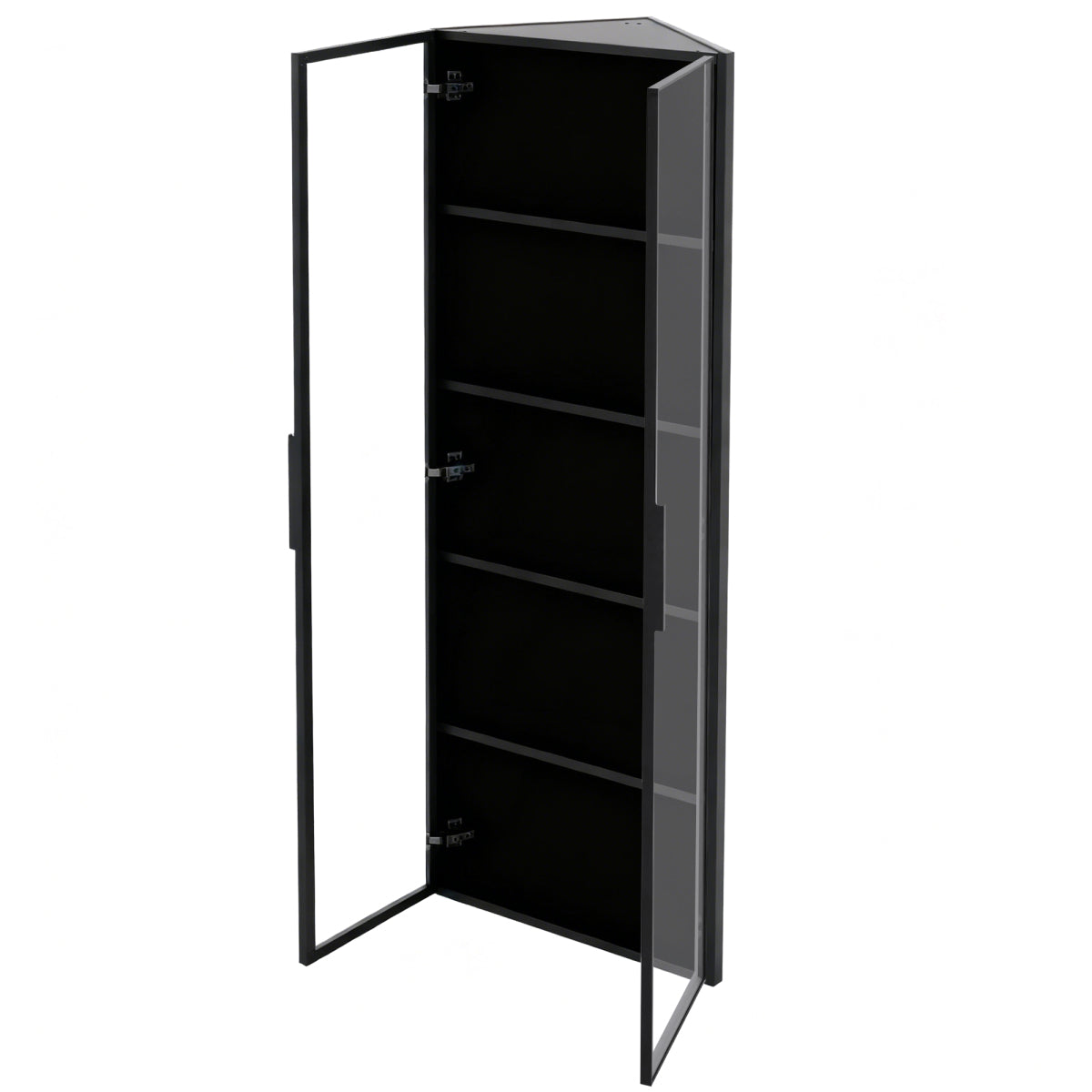 Eckvitrine 62x35x160cm Schwarz mit LED – Staubgeschützte Glasvitrine aus Sicherheitsglas & MDF, moderner Eckschrank mit Soft-Close-Türen