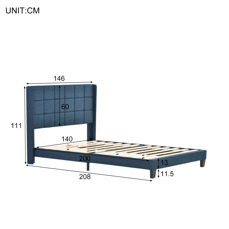 Polsterbett Mit seinem gepolstertes Kopfteil Doppelbett mit Lattenrost, 140x200cm ,in Blau Leinen,  mittelfest (Mit Federkernmatratze)