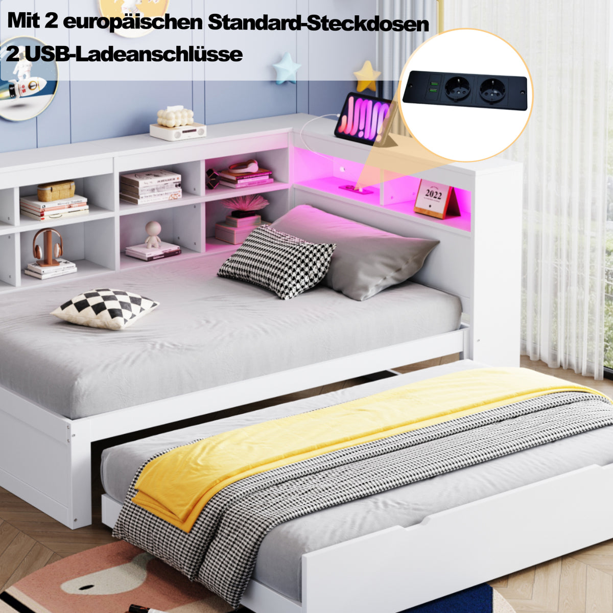 Massivholz-Einzelbett 90x200 Weiß mit Ausziehbett - Multifunktionales Schlafsofa inkl. LED, USB-Steckdose, Regalen & viel Stauraum, Weiß