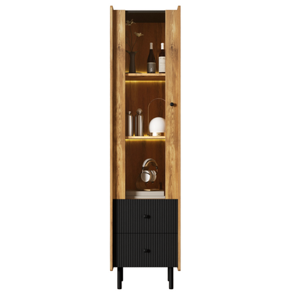 90 cm Schwarze und Holzfarbene Couchtisch – Moderner Stil, Zwei Offene Fächer und Zwei Türen, Dämpfende Scharniere