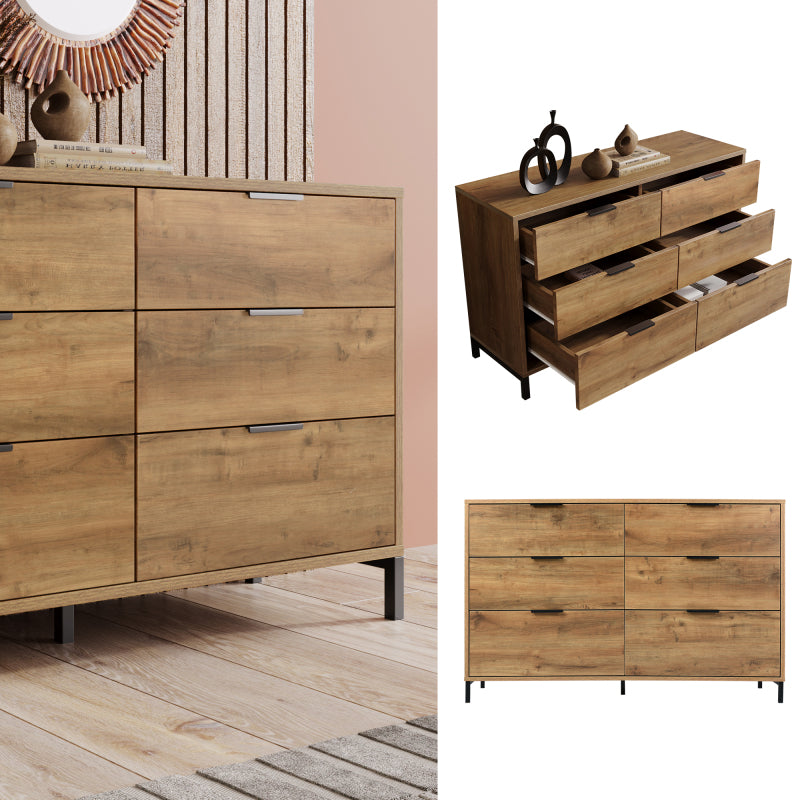 Kommode, Sideboard mit 6 Schubladen, 120 x 40 x 76 cm in Dunkle Eiche, Sideboard Highboard für Schlafzimmer & alle Wohnräume