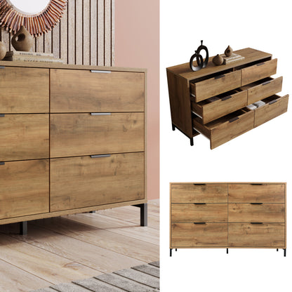 Kommode, Sideboard mit 6 Schubladen, 120 x 40 x 76 cm in Dunkle Eiche, Sideboard Highboard für Schlafzimmer & alle Wohnräume