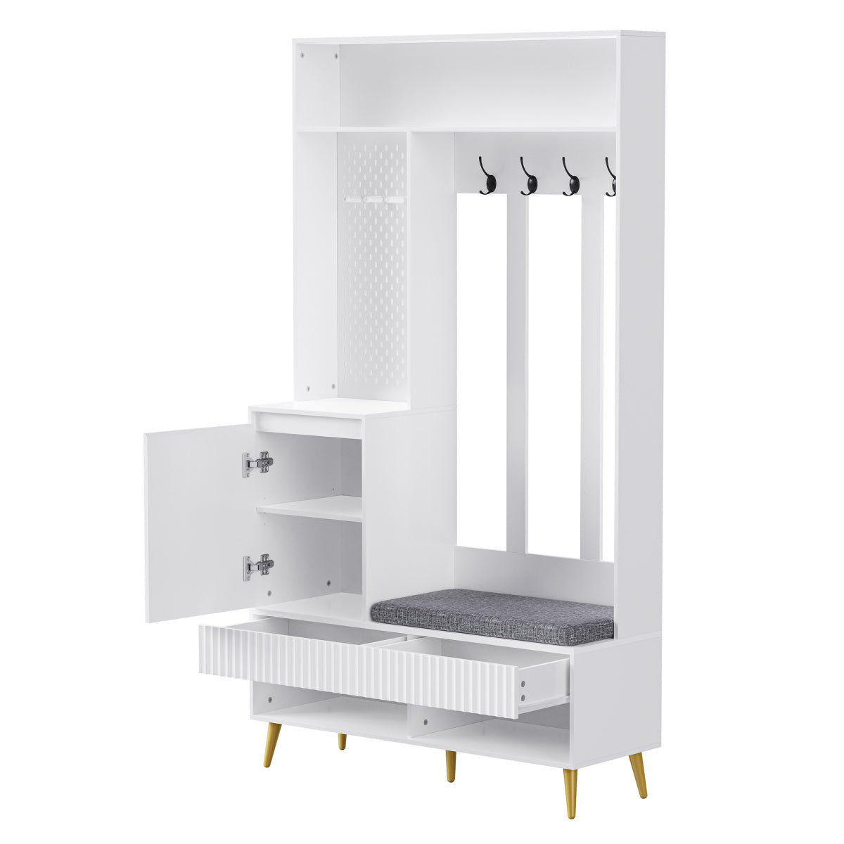 Garderoben-Set mit Schuhbank, Wandgarderobe mit 4 Haken, 2 Schubladen & Schranktür, MDF, Weiß, 100×35×180 cm