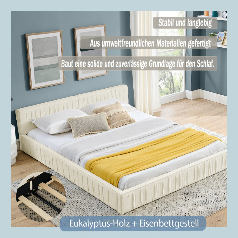 Doppelbett 160*200cm, mit Samtweichem Chenille-Bezug, Aus Ökologischem Eukalyptusholz und Stabiler Eisenrahmen, Beige (ohne Matratze)