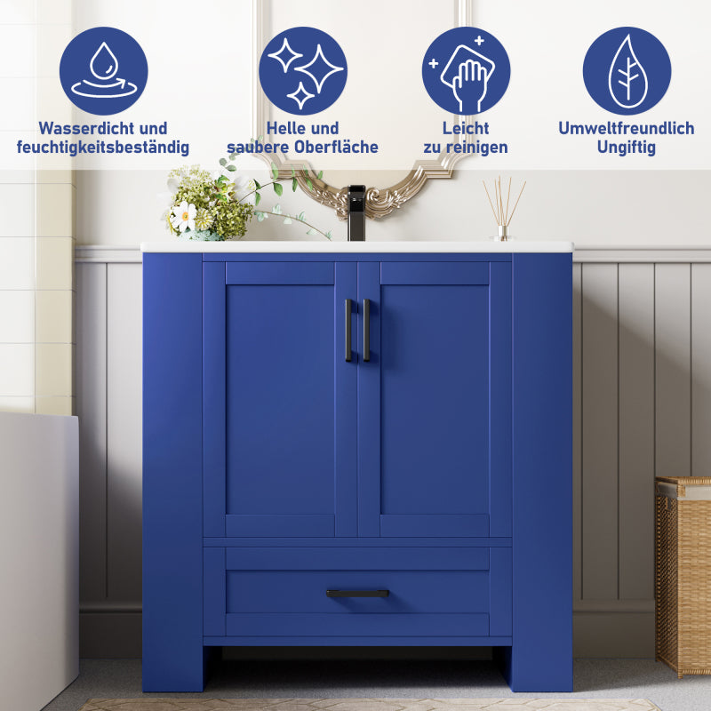 76 x 46 x 78.5cm Bodenstehender Badezimmerschrank, Waschtisch,komplett lackiert, Doppeltürregale, geräuschlose Schubladen, Regale auf beiden Seiten, integriertes Keramikwaschbecken, blau