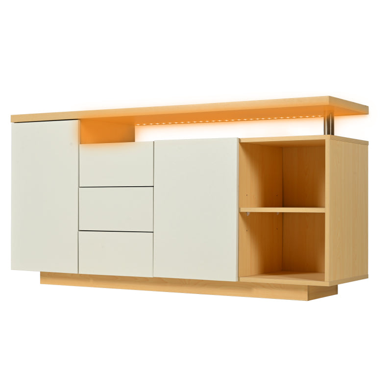 Multifunktionales Sideboard, Länge 140 cm, weiß und Holzimitat - 2 Türen, 3 Schubladen, 2 offene Fächer, mit LED-Beleuchtung
