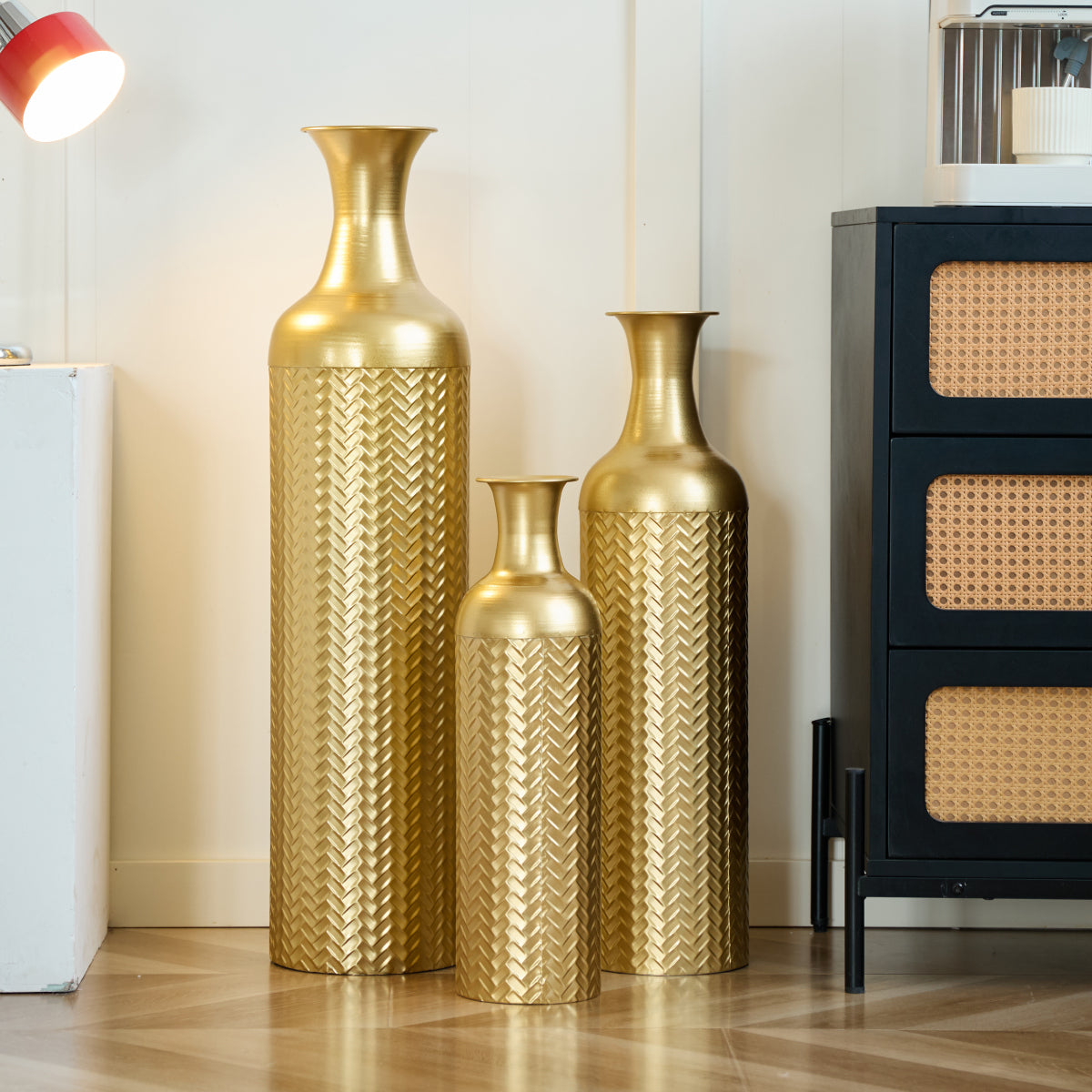3er Set Bodenvase Metall, Gold, Retro Stil, Hohe Dekovasen 83/65/50 cm