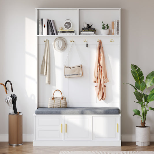Garderobenständer mit  Schuhbank, Garderobe,  6 Dreifach-Haken,freistehend, platzsparend, für Eingangsbereich,Flur, Weiß