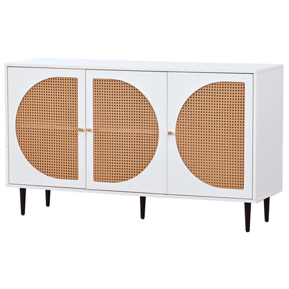 Sideboard mit 3 Rattan verzierten Türen Kommode Highboard mit Metallgriffe, für Schlafzimmer & Wohnräume & Büro, Weiß,129.8x 40x 76cm