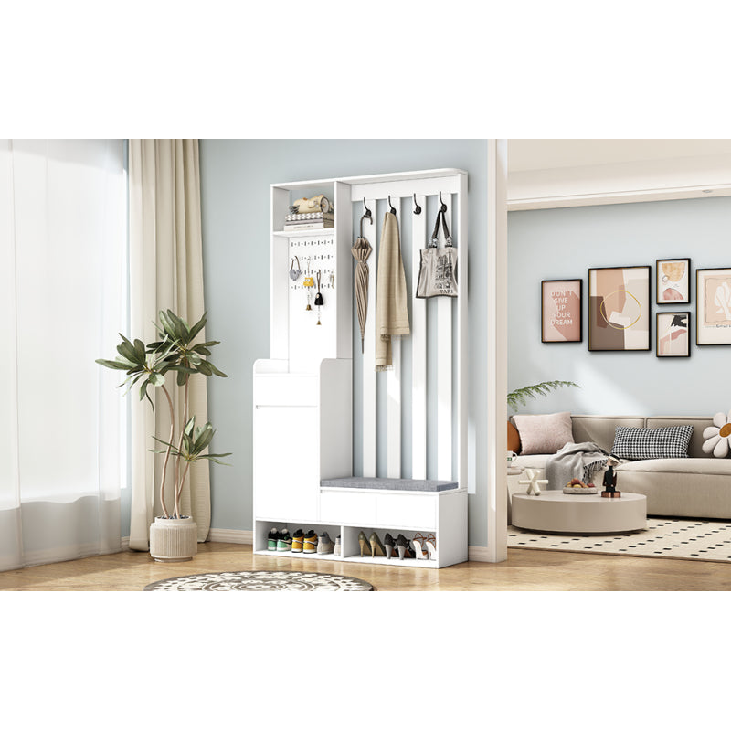 Flurgarderobe mit gepolsterter Aufbewahrungsbank, multifunktionaler Flur-Schuhschrank mit Stecktafel, moderne Garderobe mit 4 Haken für Eingangsbereich, Waschküche, Weiß,H180/B100/T35 cm