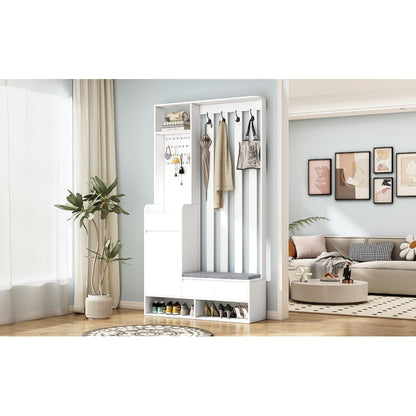 Flurgarderobe mit gepolsterter Aufbewahrungsbank, multifunktionaler Flur-Schuhschrank mit Stecktafel, moderne Garderobe mit 4 Haken für Eingangsbereich, Waschküche, Weiß,H180/B100/T35 cm