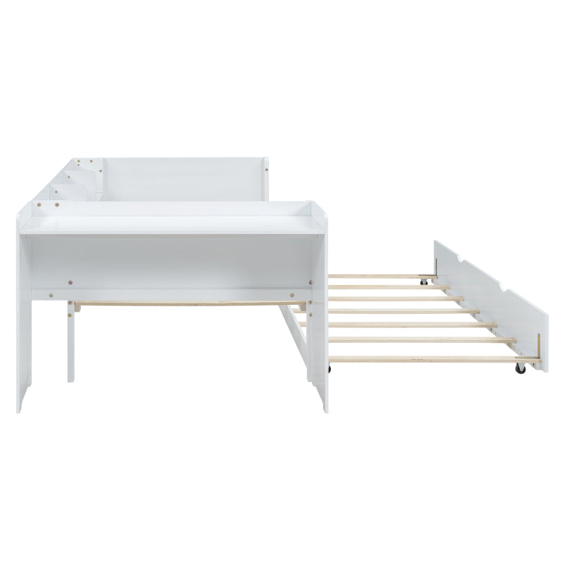 90*200cm, Flachbett, mit ausziehbarem Bett, mit Schreibtisch, drei Regale an der Seite des Bettes,  Weiß