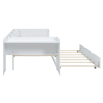90*200cm, Flachbett, mit ausziehbarem Bett, mit Schreibtisch, drei Regale an der Seite des Bettes,  Weiß