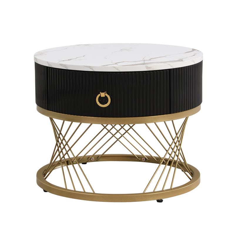 Eleganter zusammensetzbarer Couchtisch: Marmoroptik, Golddekor, Beistelltisch mit Schubladen – 2er-Set