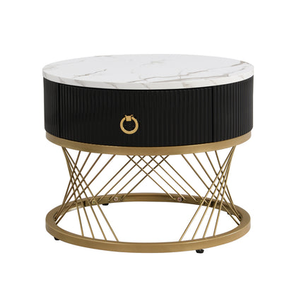 Eleganter zusammensetzbarer Couchtisch: Marmoroptik, Golddekor, Beistelltisch mit Schubladen – 2er-Set