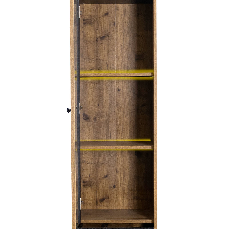 Sideboard, Hochschrank in schwarzer Holzmaserung – 180 x 44 x 40 cm mit Glastür, gelbem LED-Licht, 2 Schubladen