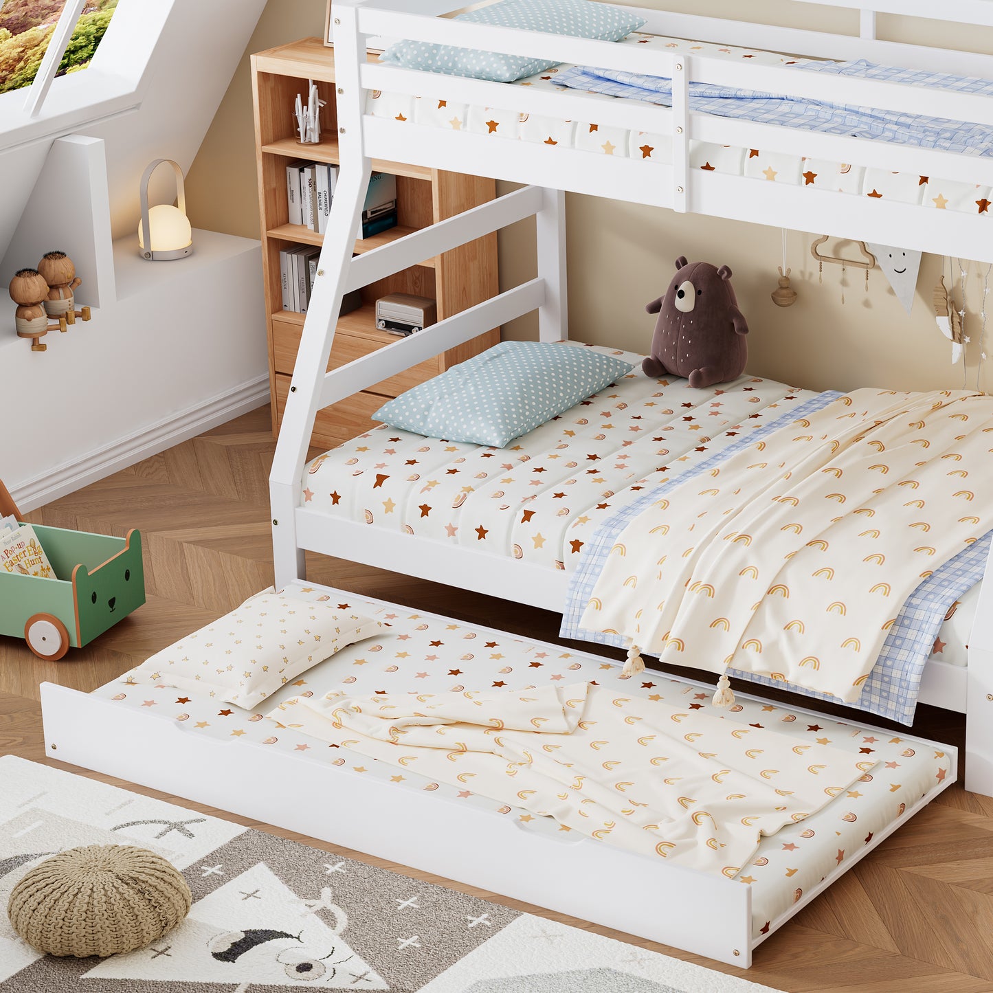 Etagenbett mit Rollbett, Kinderbett mit Leiterschrank und Handlauf, mit Fallschutzgitter an allen Seiten, Kiefer+MDF, Weiß, 90x190CM Rollbett, 90/120x200CM