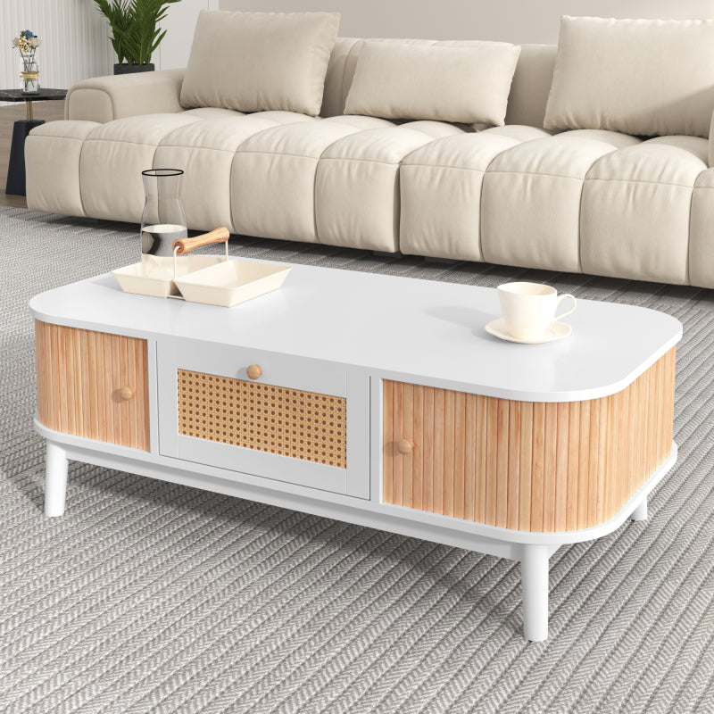 Couchtisch - Rattan-Kaffeetisch, Schubladen mit Rattan und Schiebetüren mit Massivholzlatten, Massivholzbeine, Natürlicher Landhausstil.