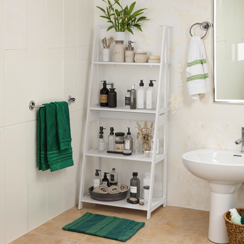 4-lagiges Leiter-Bücherregal, offener Bücherregal-Organizer & Aufbewahrungsständer für Bad, Homeoffice & Wohnzimmer, freistehend, weiß