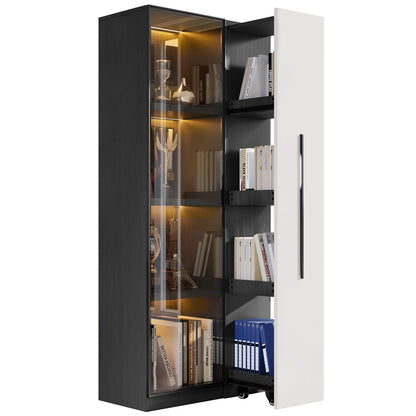 Multifunktionsschrank 70x40x160cm - LED Vitrine mit Glastür aus gehärtetem Glas & Aluminiumrahmen, Seitenauszug auf Rollen, Schwarz-Weiß