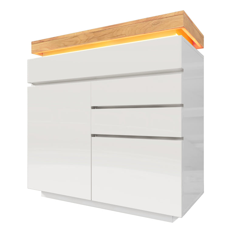 Kommode, Hochglanz Sideboard mit 2 Türen und 3 Schubladen, LED Beleuchtung (App Control), Mehrzweckschrank für Wohnzimmer und Schlafzimmer, 115 x 110 x 39 cm, Weiß
