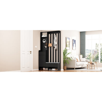 Flurgarderobe mit gepolsterter Aufbewahrungsbank, multifunktionaler Flur-Schuhschrank mit Stecktafel, moderne Garderobe mit 4 Haken für Eingangsbereich, Waschküche, Schwarz,H180/B100/T35 cm