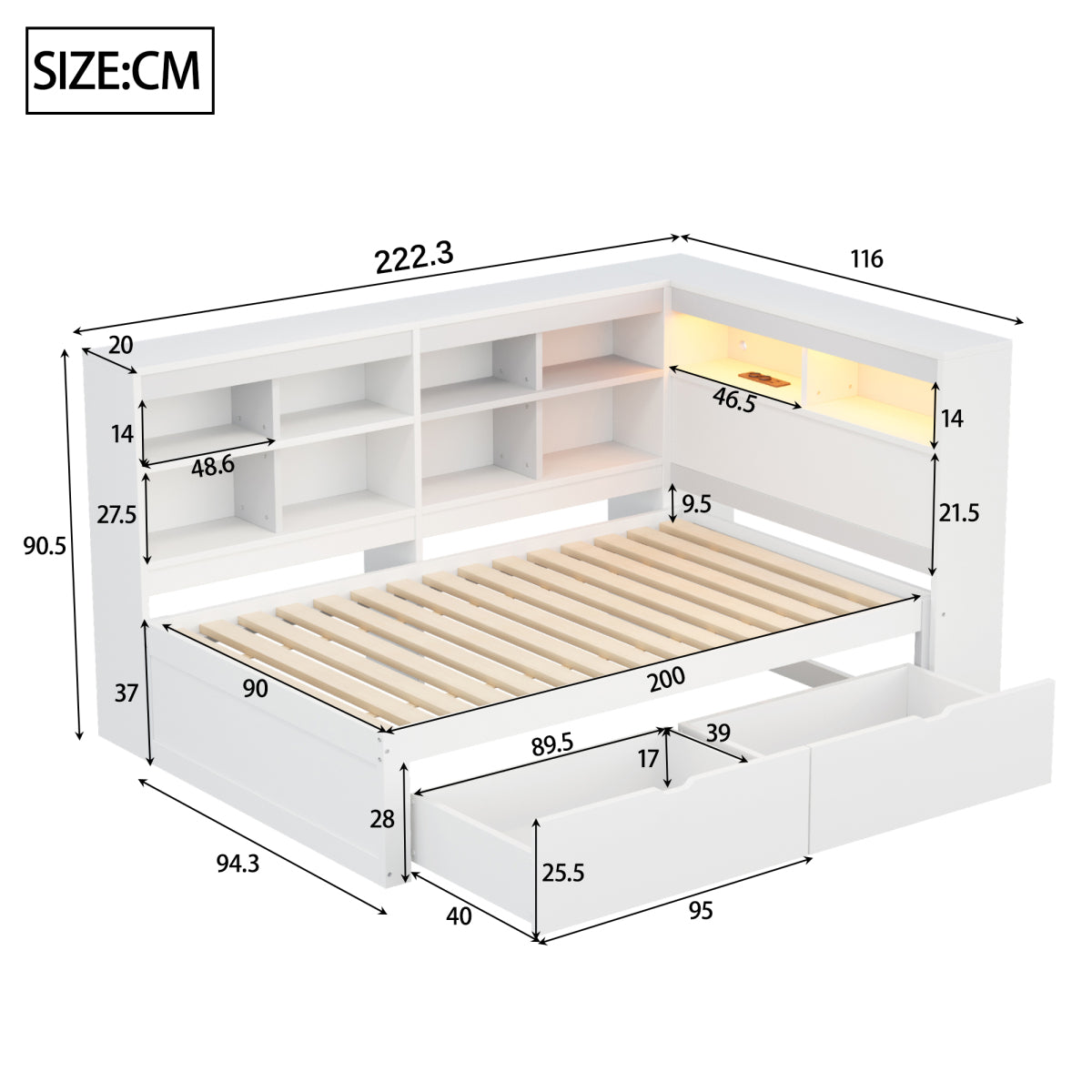 Massivholz-Einzelbett 90x200 Weiß mit LED & USB-Steckdose - Multifunktionales Schlafsofa mit Regalen, Ablagefächern & viel Stauraum, Weiß