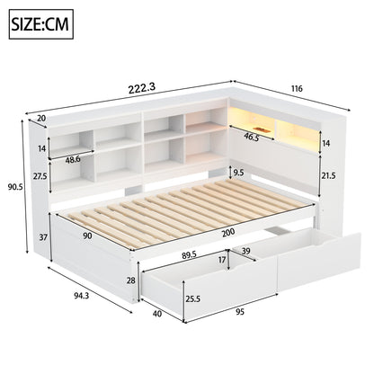 Massivholz-Einzelbett 90x200 Weiß mit LED & USB-Steckdose - Multifunktionales Schlafsofa mit Regalen, Ablagefächern & viel Stauraum, Weiß
