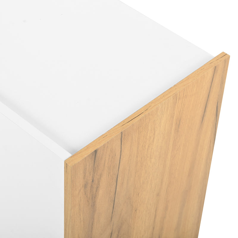 TV-Schrank, niedriges Paneel in Weiß und Holzfarben, TV-Möbel, die an die Wand gehängt oder auf den Boden gestellt werden können