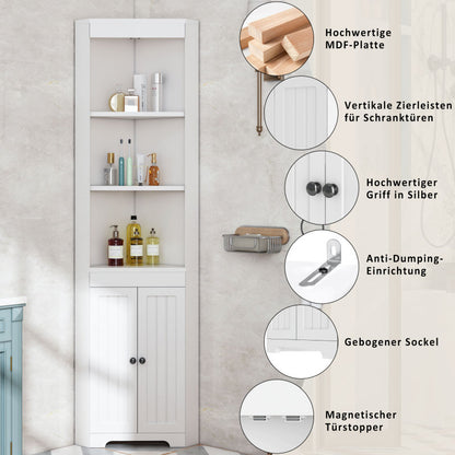 Badezimmer-Hochschrank, Drei offene Ablagefächer, Feuchtigkeitsgeschützte Flügeltüren, Verschiebbare Einlegeböden, Schlichte Form, Weiß