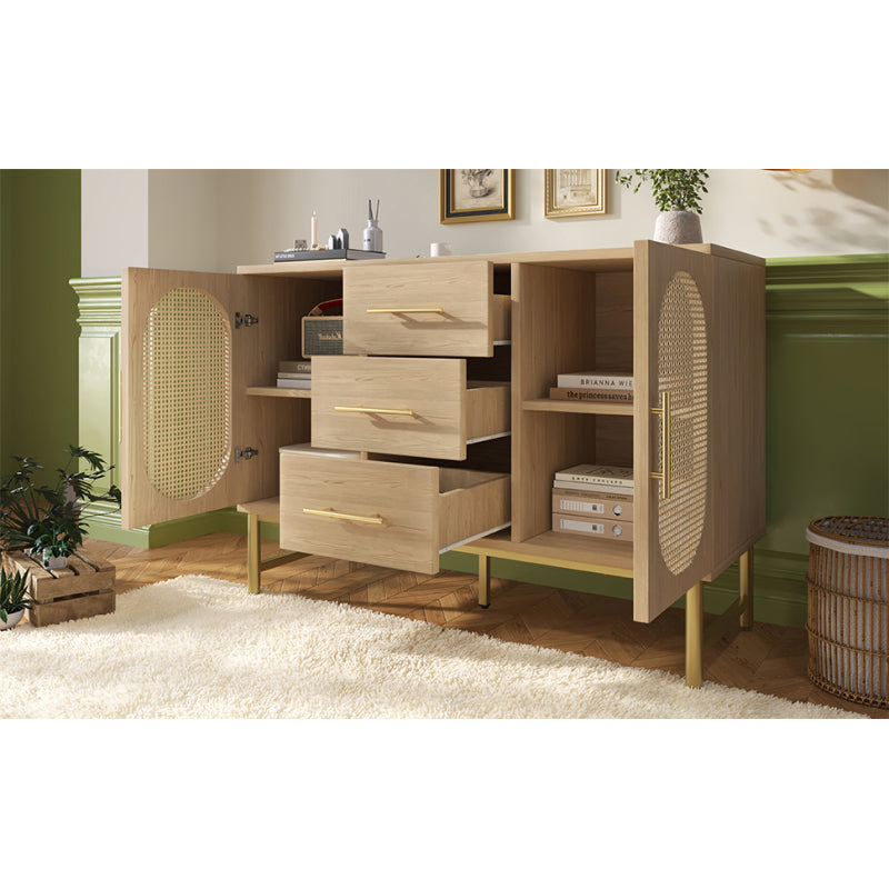 Rattan kommode mit 3-Schubladen und 2-Rattan-Türer,kommode schrank, Schminktisch, für Schlafzimmer und Wohnzimmer, Verstellbare Regale, Kippschutz, 120 x 40 x 74 cm, Sonoma Eiche
