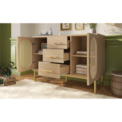 Rattan kommode mit 3-Schubladen und 2-Rattan-Türer,kommode schrank, Schminktisch, für Schlafzimmer und Wohnzimmer, Verstellbare Regale, Kippschutz, 120 x 40 x 74 cm, Sonoma Eiche