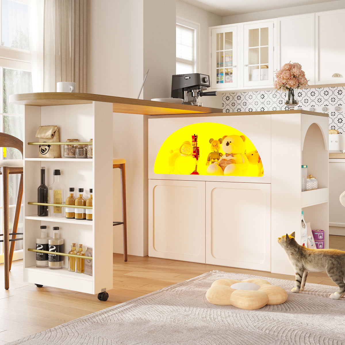 Ausziehbarer Bartisch 135-205cm mit LED & USB, Mobiler Hochtisch Weiß, Teleskop-Kücheninsel mit Stauraum & Soft-Close, Modernes Bogendesign