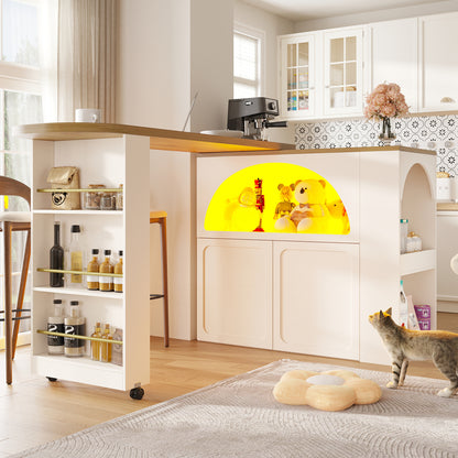 Ausziehbarer Bartisch 135-205cm mit LED & USB, Mobiler Hochtisch Weiß, Teleskop-Kücheninsel mit Stauraum & Soft-Close, Modernes Bogendesign
