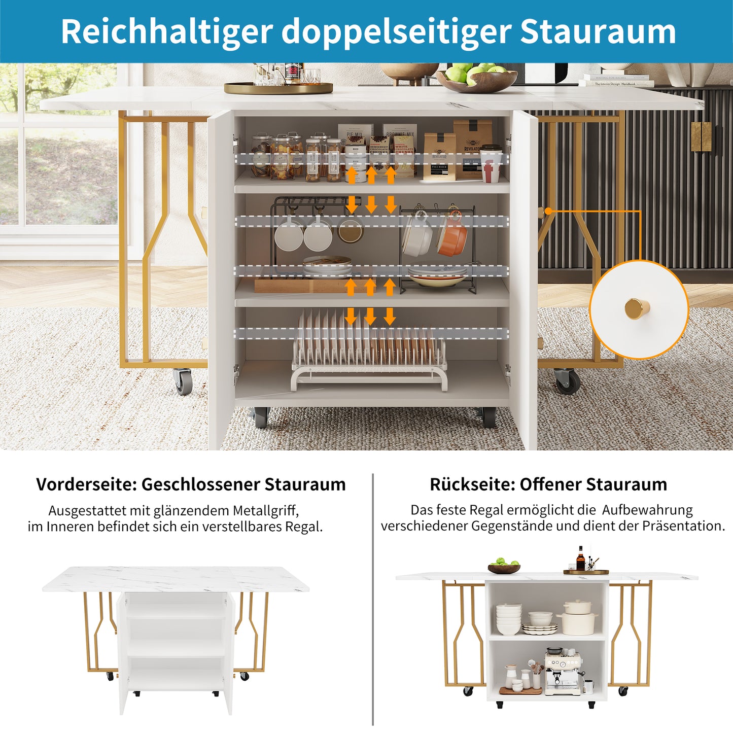 Tragbarer Esstisch, klappbare Tischplatte, marmorierte Tischplatte, geeignet für Esszimmer, Wohnzimmer, verstellbare Trennwände, große Ablagefächer, 6 Rollen (2 feststellbar), goldene Tischbeine