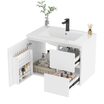 76x46x50cm wandhängend Badezimmerschränk, komplett lackiert, LED-Radarsensor-Beleuchtung, Waschtisch, zwei Schubladen, leise Gleitschienen, linke und rechte Ablage, integriertes Waschbecken, weiß