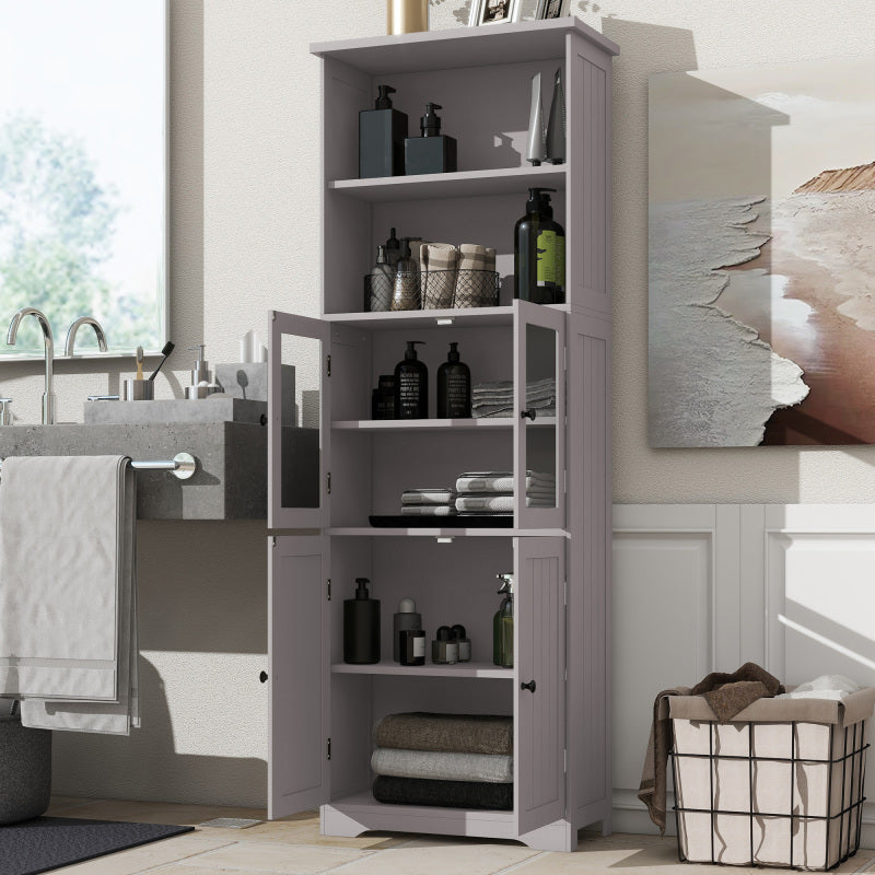 57.5 x 28.5 x 160cm Badezimmer-Hochschrank mit Stauraum, feuchtigkeitsbeständige Farbe, Glasschranktür, Holzschranktür, zwei offene Ablagefächer, verstellbare Trennwände, einfache Textur, Grau