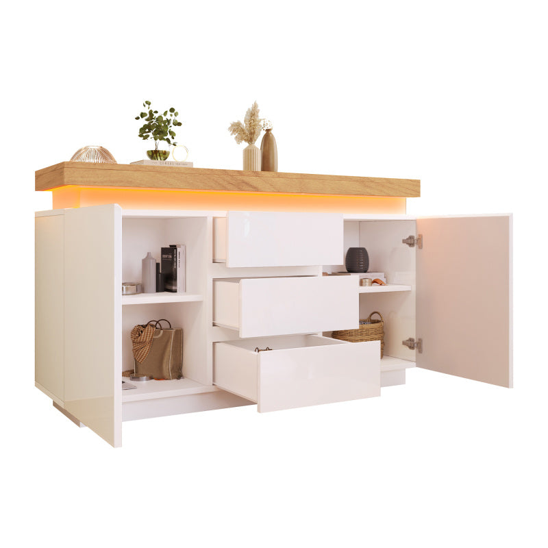 Kommode, Hochglanz Sideboard mit 2 Türen und 3 Schubladen, LED Beleuchtung (App Control), Mehrzweckschrank für Wohnzimmer und Schlafzimmer, 81 x 140 x 39 cm, Weiß