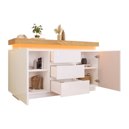 Kommode, Hochglanz Sideboard mit 2 Türen und 3 Schubladen, LED Beleuchtung (App Control), Mehrzweckschrank für Wohnzimmer und Schlafzimmer, 81 x 140 x 39 cm, Weiß