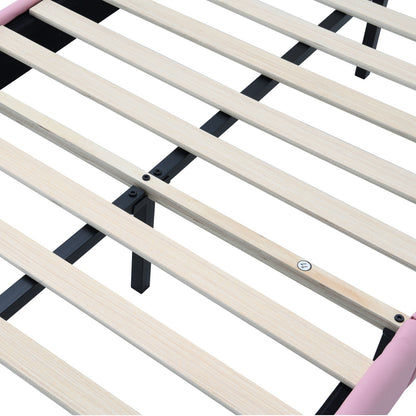 Polsterbett, Einzelbett, Wellenform mit Zugpunkt am Kopfende des Bettes, rosa Schleife, mit mehrfarbigen, wechselnden LED-Streifen, Kinderbett mit Holzlatten, Einzelbett, PU, rosa Bettrahmen, 90x200cm